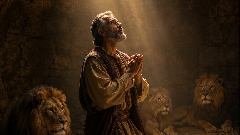 Daniel orando na cova dos leões protegido por Deus
