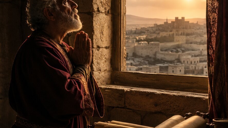 Profeta Daniel fazendo sua oração voltado para Jerusalém